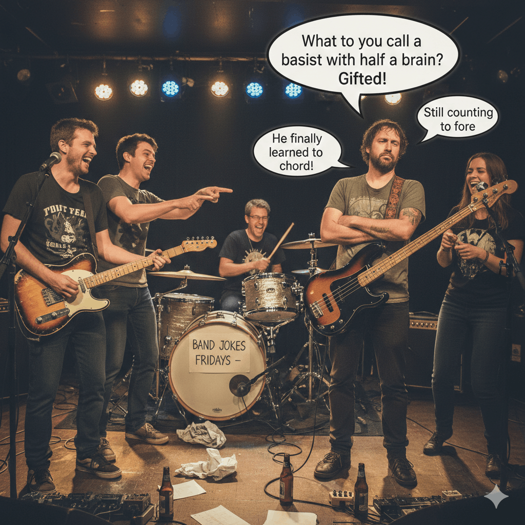 Musik Band lachen Witze über Bassisten – Spaß aus dem Hintergrund